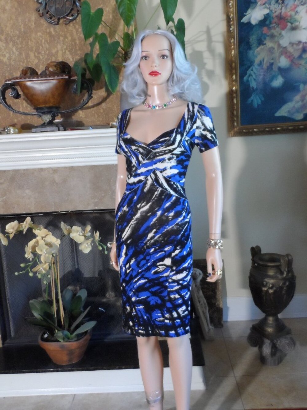 Blumarine Blue Abstract Print Knit Sheath Dress Size S
